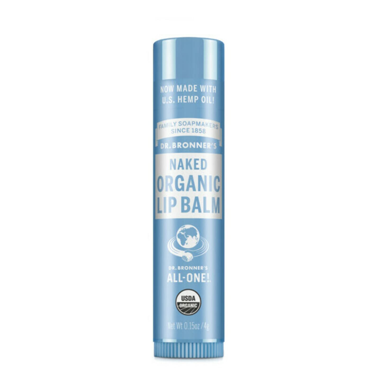 Dr. Bronner's Lip Balm Naked 0.15 oz front view shows compact, fragrance-free moisture.