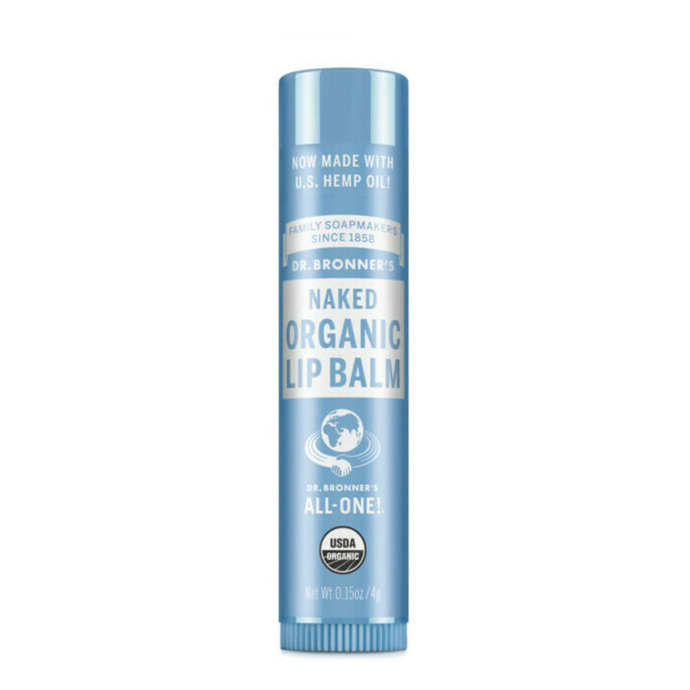 Dr. Bronner's Lip Balm Naked 0.15 oz front view shows compact, fragrance-free moisture.