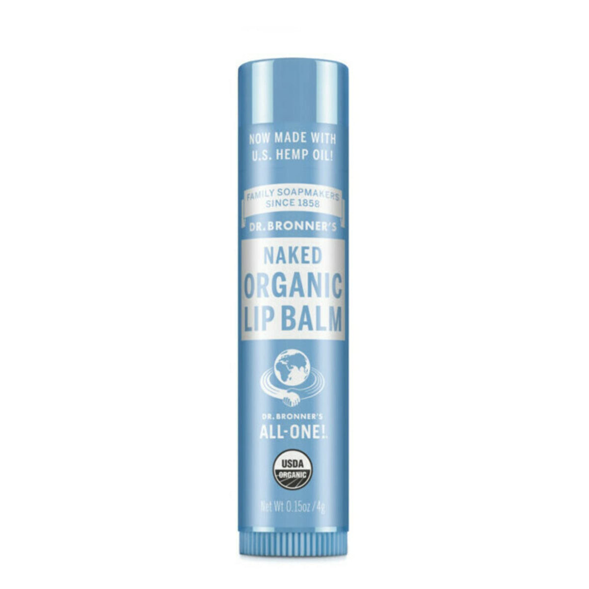 Dr. Bronner's Lip Balm Naked 0.15 oz front view shows compact, fragrance-free moisture.