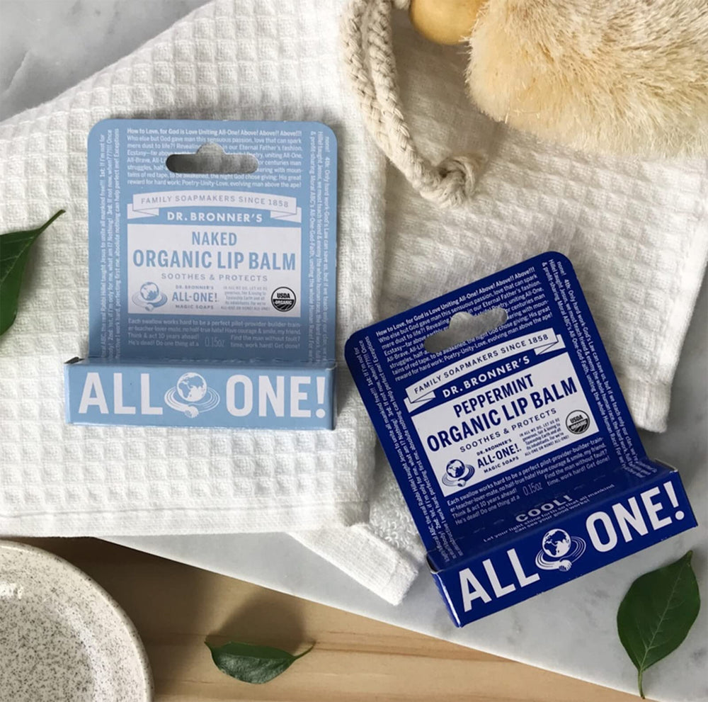 Dr. Bronner's Lip Balm Naked ingredients highlight avocado and jojoba oils for nourishment.