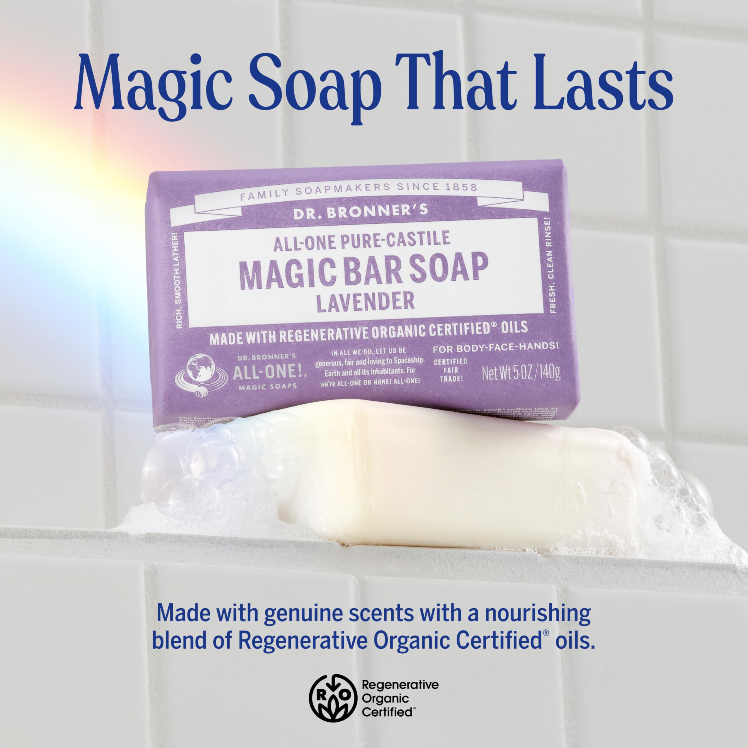 Dr Bronners Magic Bar Lavender aroma for a soothing shower experience.
