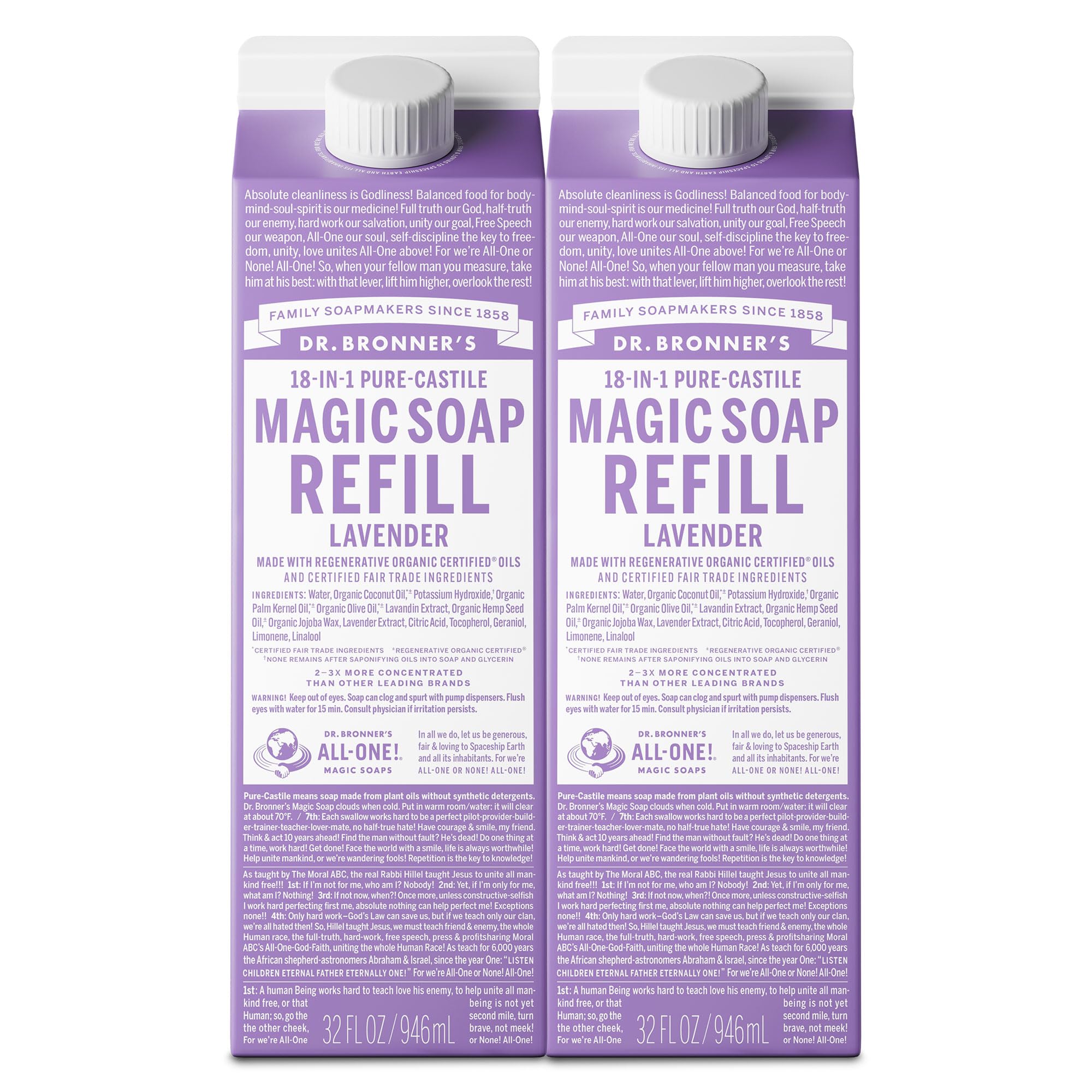 Dr. Bronner's Lavender Pure-Castile refill bottle, ideal for skin and home cleaning.