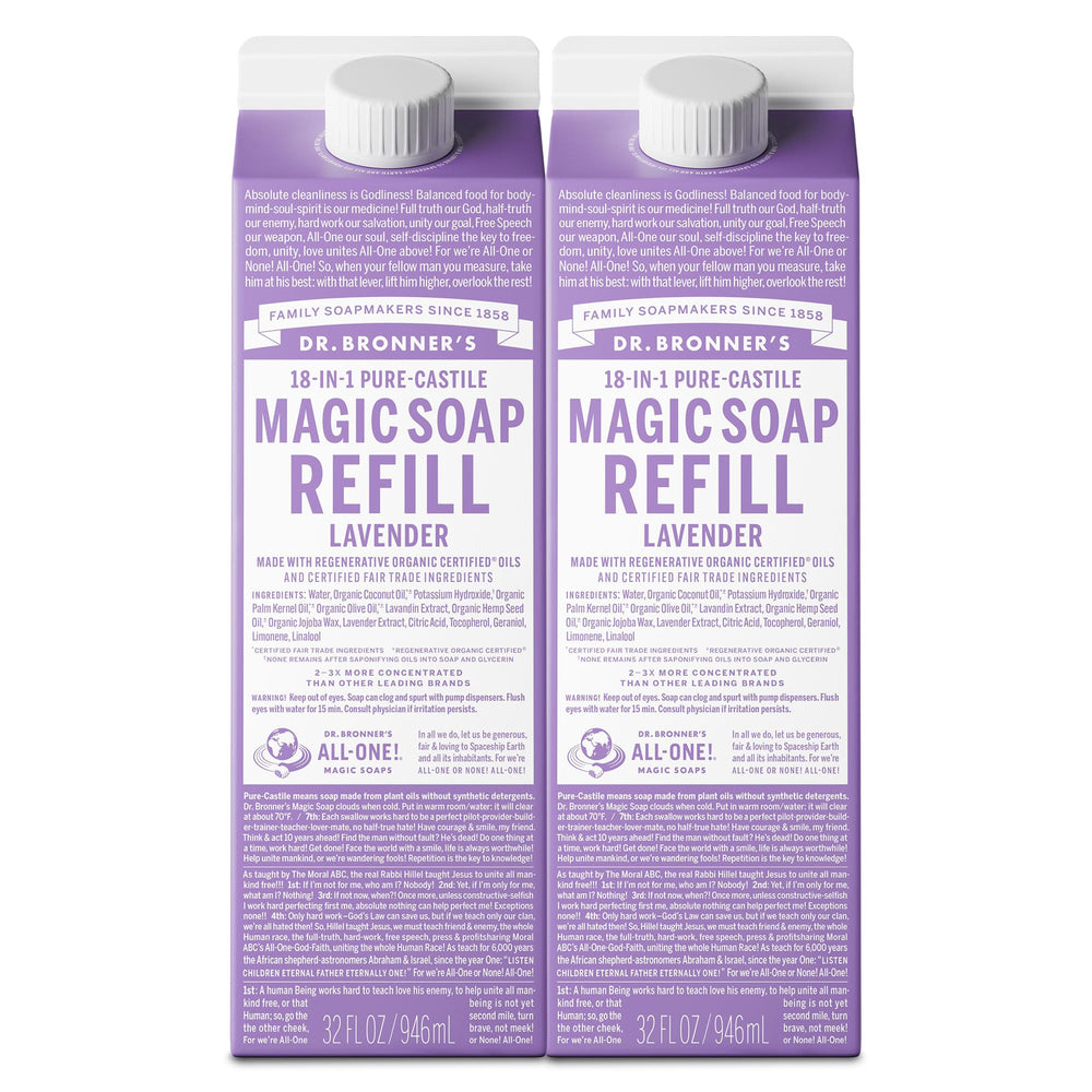 Dr. Bronner's Lavender Pure-Castile refill bottle, ideal for skin and home cleaning.