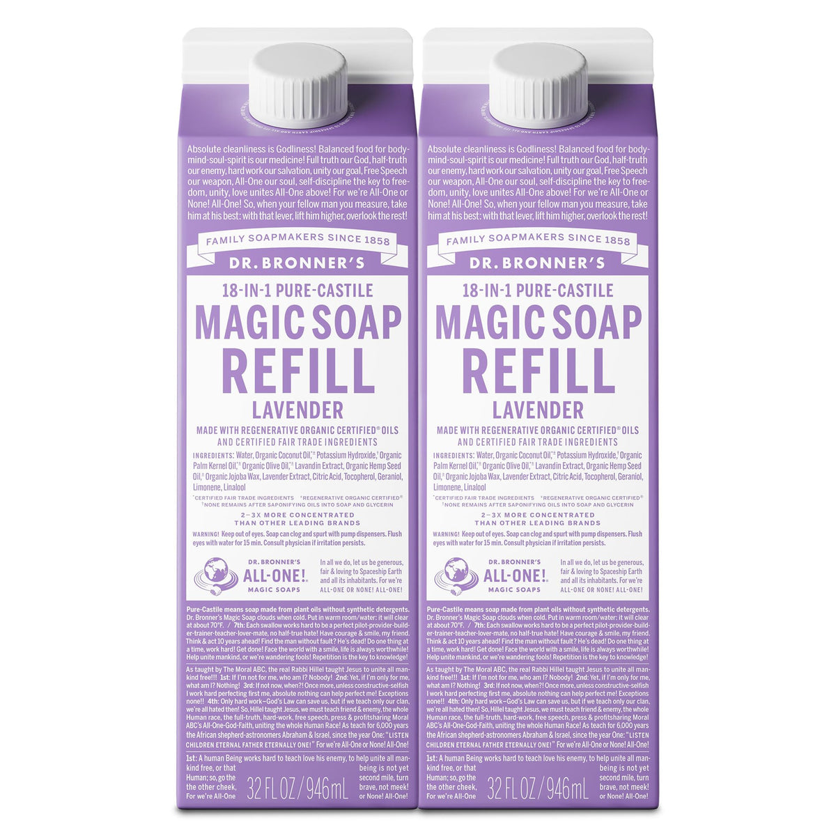 Dr. Bronner's Lavender Pure-Castile refill bottle, ideal for skin and home cleaning.
