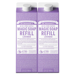 Dr. Bronner's Lavender Pure-Castile refill bottle, ideal for skin and home cleaning.