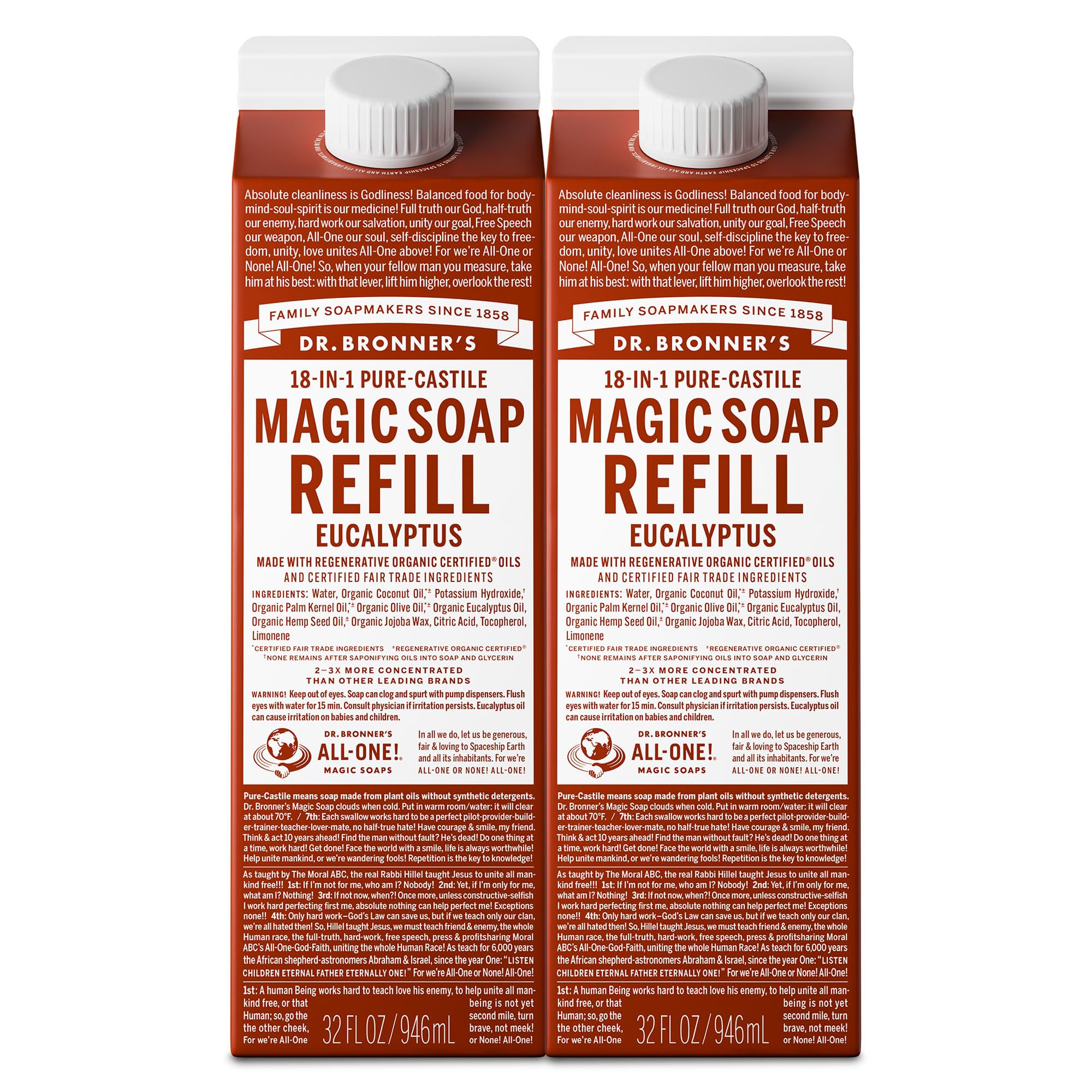Dr. Bronner's Pure-Castile eucalyptus refill carton for sustainable, versatile household cleaning