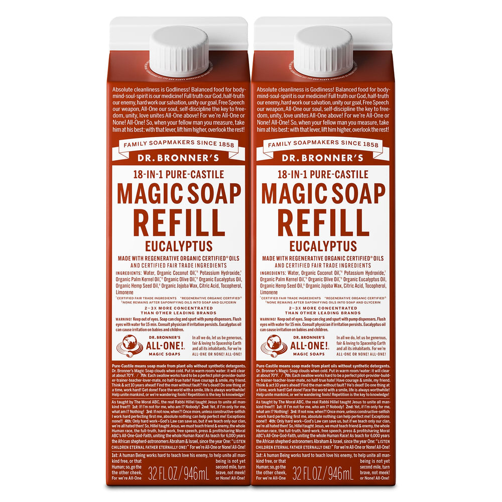 Dr. Bronner's Pure-Castile eucalyptus refill carton for sustainable, versatile household cleaning