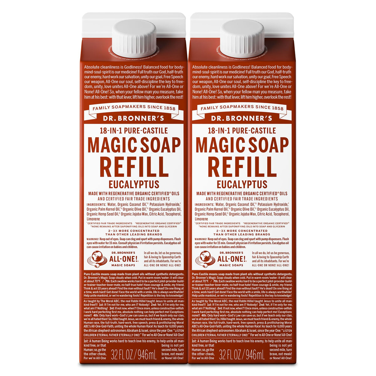 Dr. Bronner's Pure-Castile eucalyptus refill carton for sustainable, versatile household cleaning