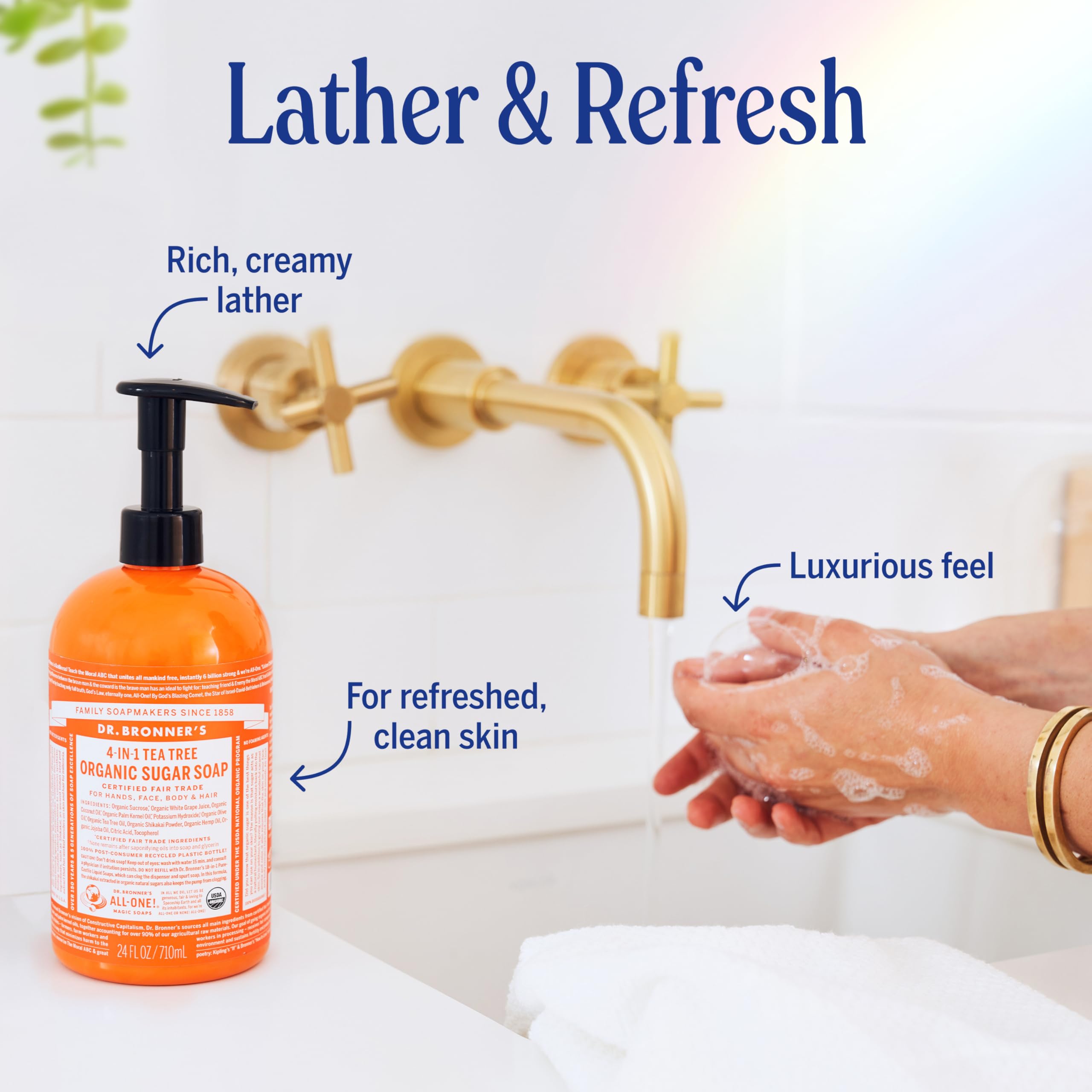 Dr. Bronner's oil blend of coconut-olive-hemp creates a creamy lather.