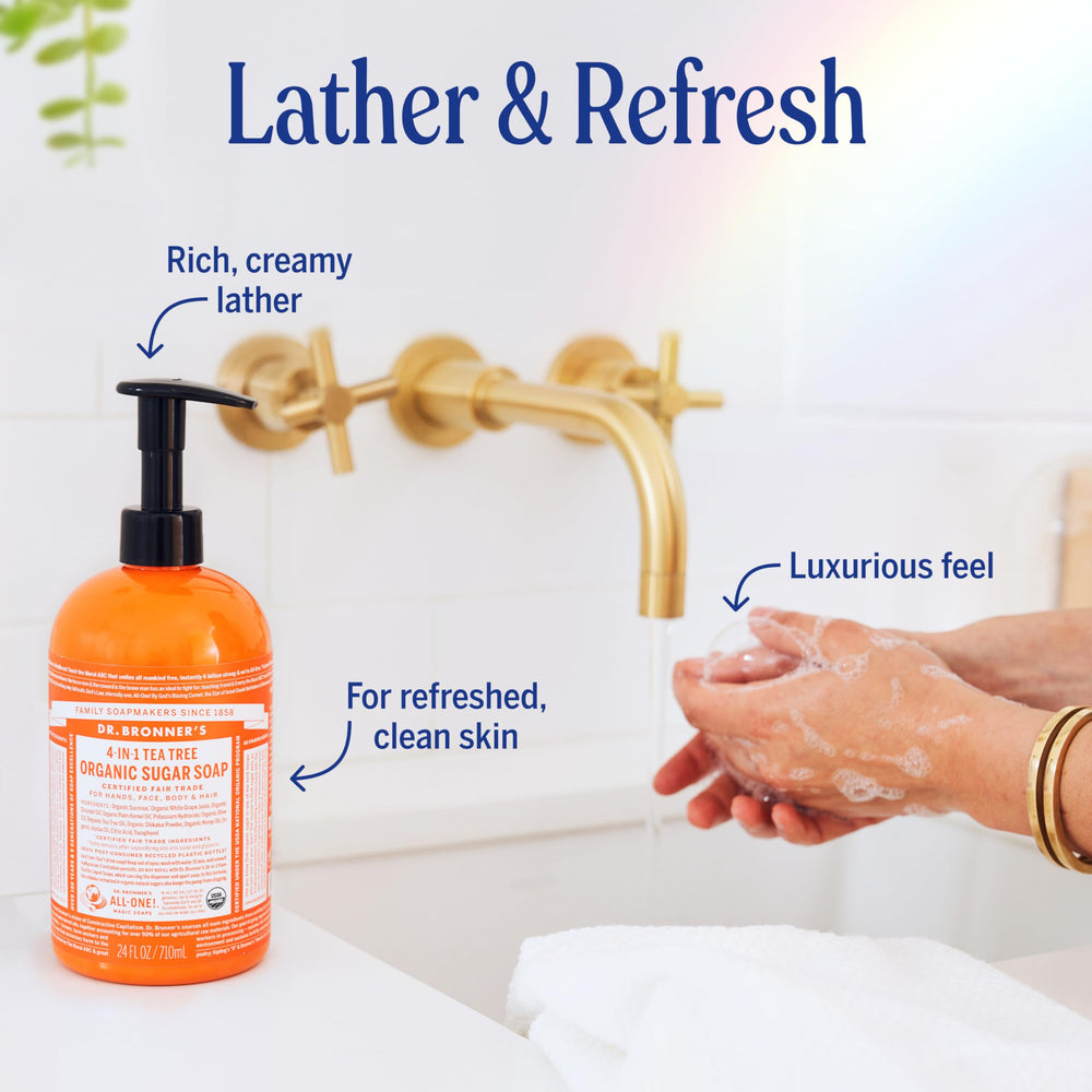 Dr. Bronner's oil blend of coconut-olive-hemp creates a creamy lather.