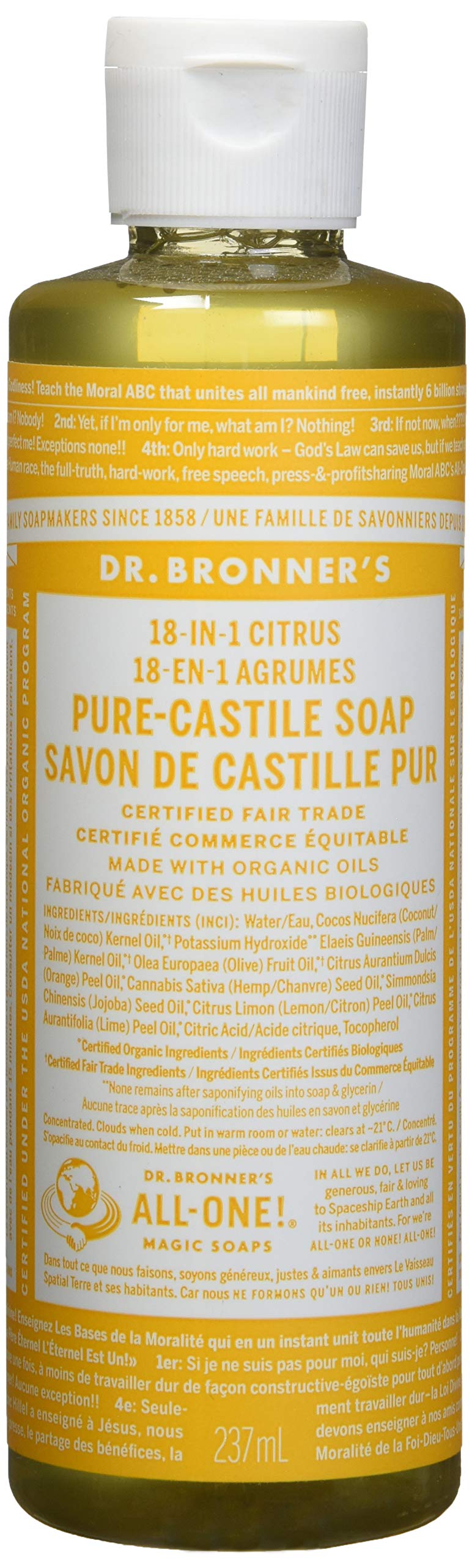 Dr Bronner's Organic Castile Soap orange bottle front, versatile all-purpose cleaner