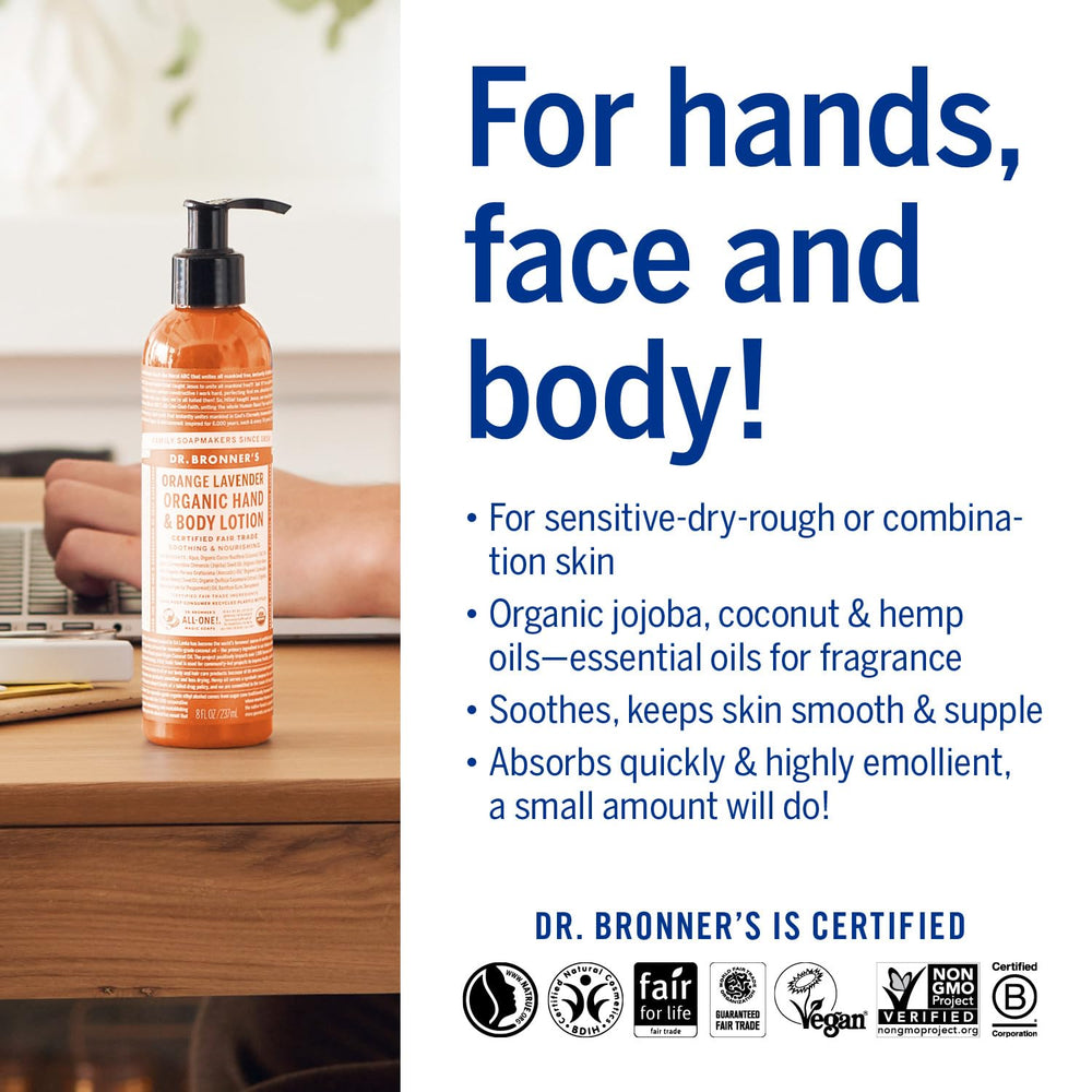 Dr Bronner's emollient-rich lotion massaged into skin for a relaxing routine.