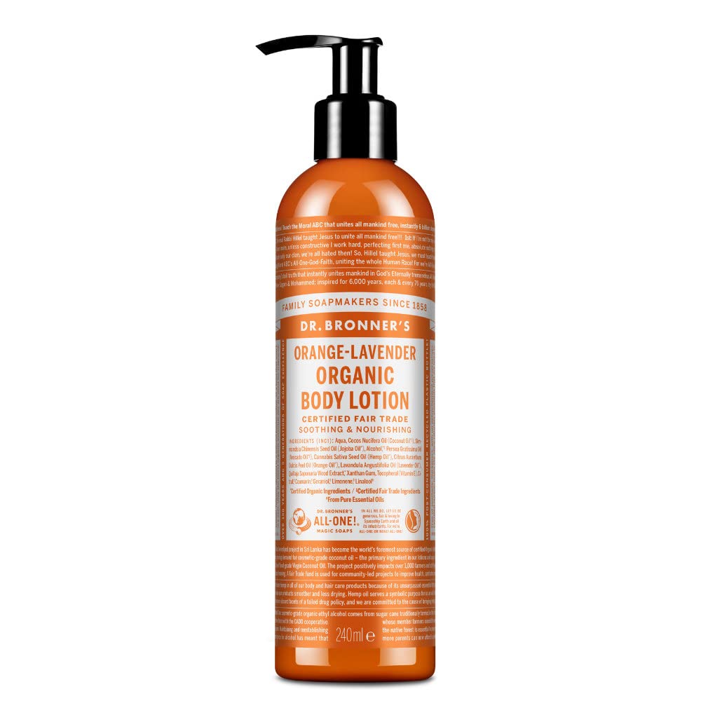 Dr Bronner's orange lavender lotion bottle on shelf, vegan and fair trade hydration.