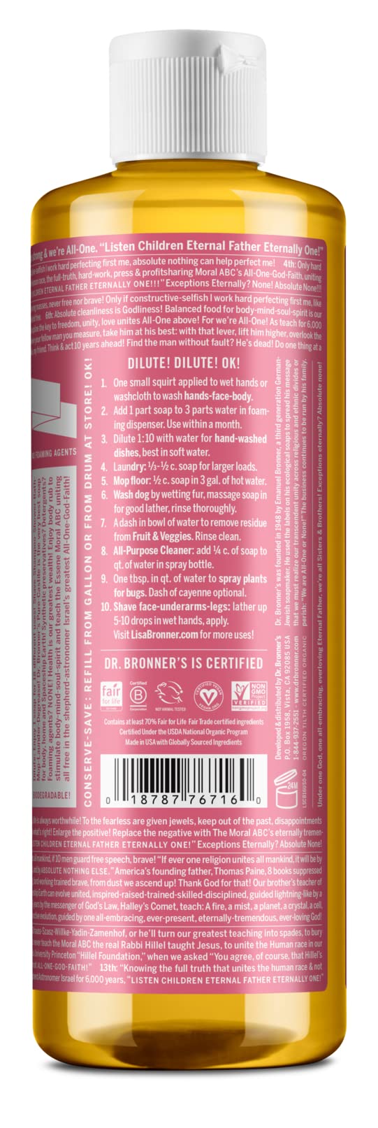 Pouring Dr. Bronner's Organic Cherry Blossom soap showing liquid flow.