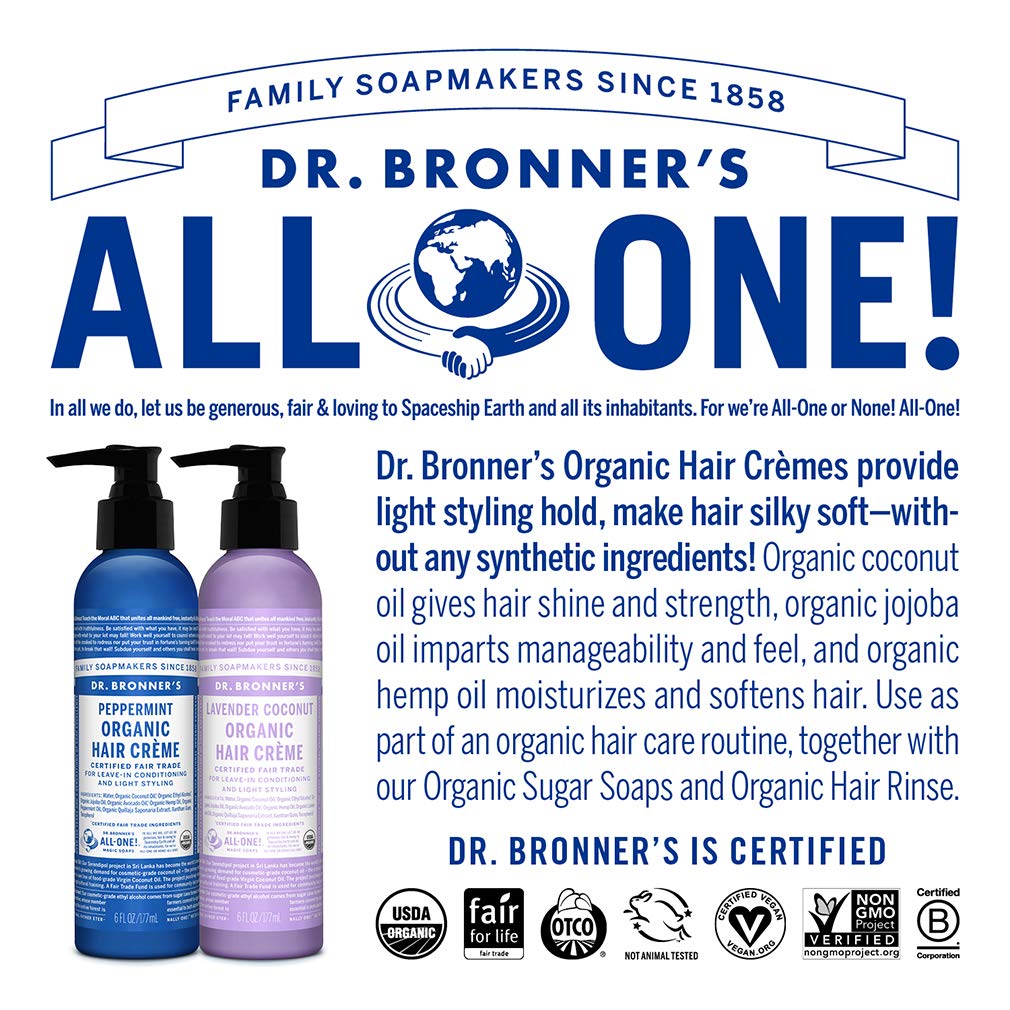 Cruelty-free logo beside Dr. Bronner's hair creme packaging.