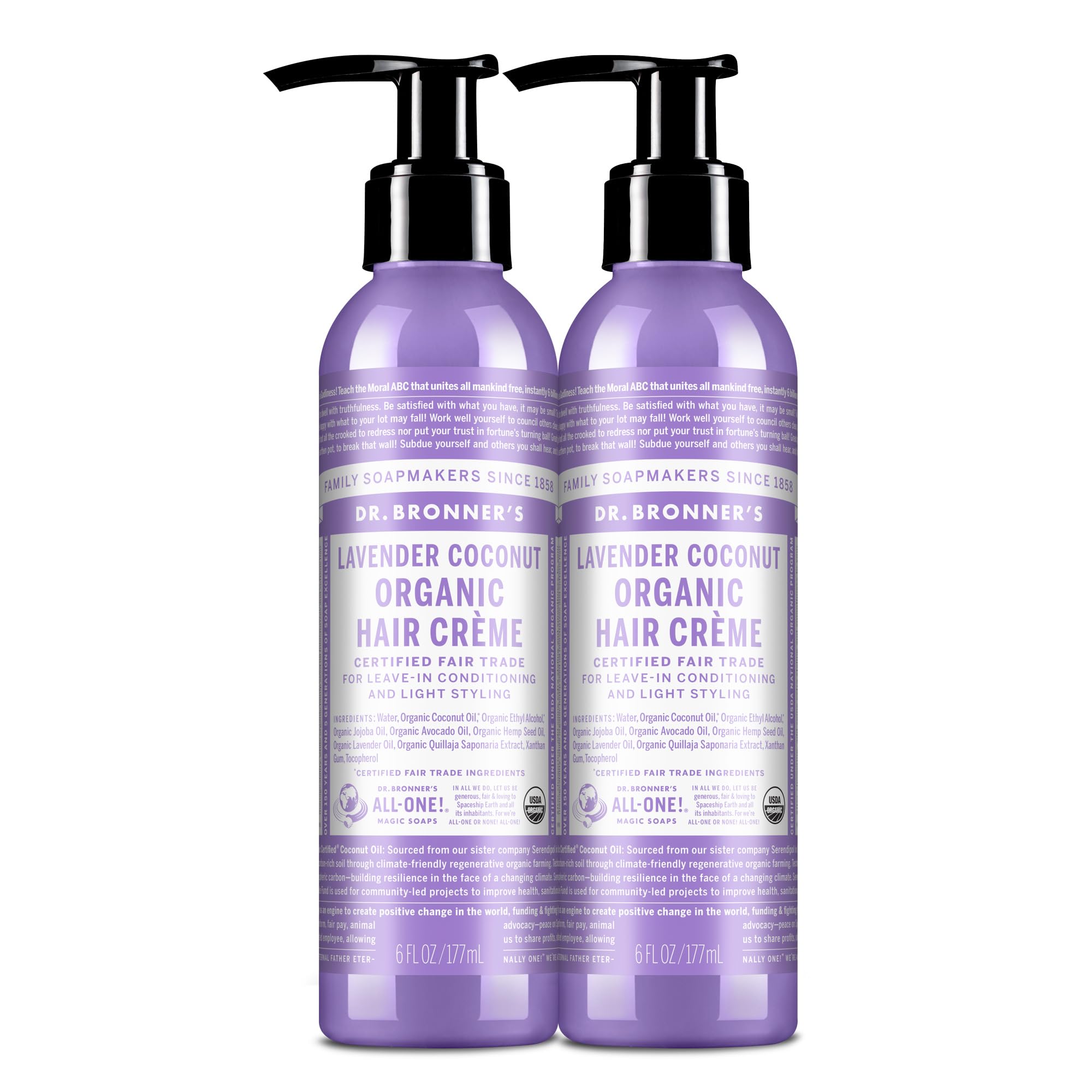 Dr. Bronner's Organic Hair Creme Lavender Coconut bottle for lightweight conditioning