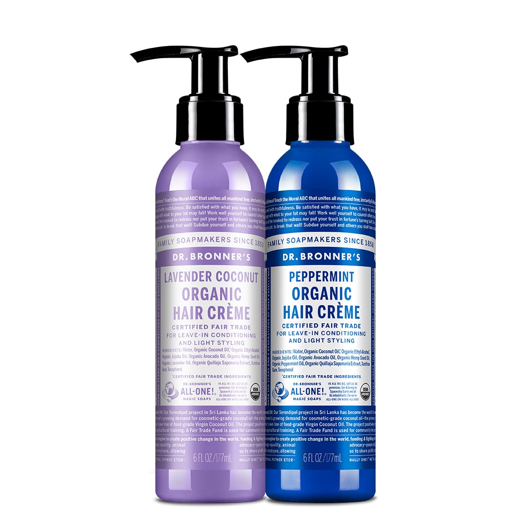Dr. Bronner's Organic Hair Crème bottle with lavender scent for smooth, frizz control.