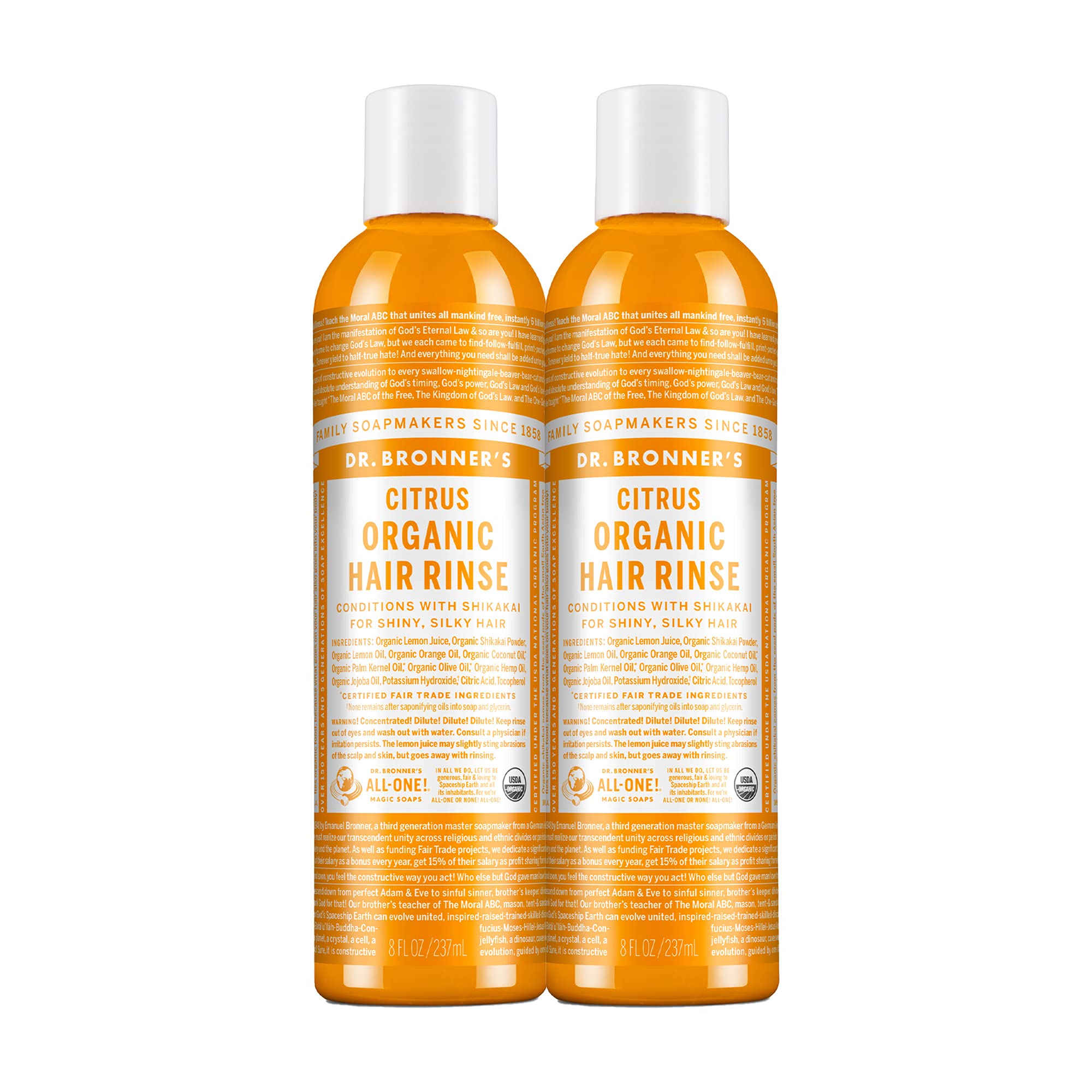 Dr. Bronner's Organic Hair Rinse Citrus Orange bottle showing refreshing citrus aroma and lightweight conditioning.