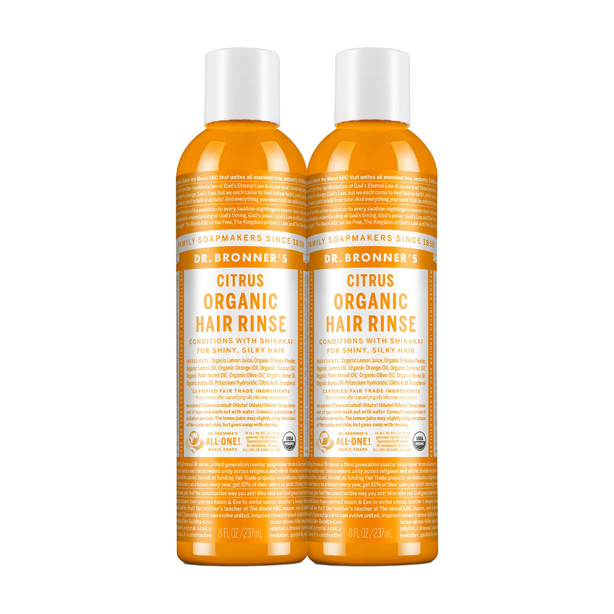 Dr. Bronner's Organic Hair Rinse Citrus Orange bottle showing refreshing citrus aroma and lightweight conditioning.