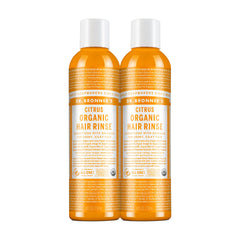 Dr. Bronner's Organic Hair Rinse Citrus Orange bottle showing refreshing citrus aroma and lightweight conditioning.