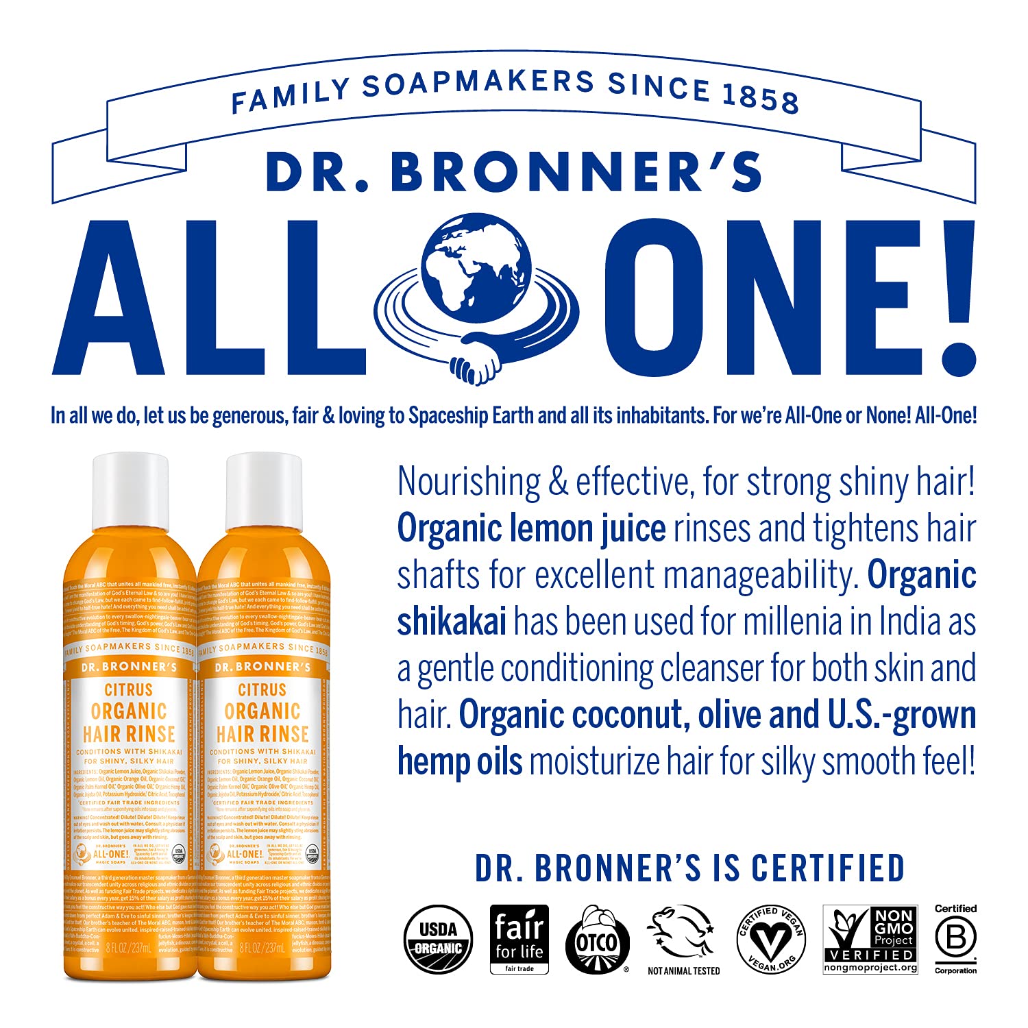 Dr. Bronner's Organic Hair Rinse oils mix emphasizing moisture from coconut, olive, and hemp.