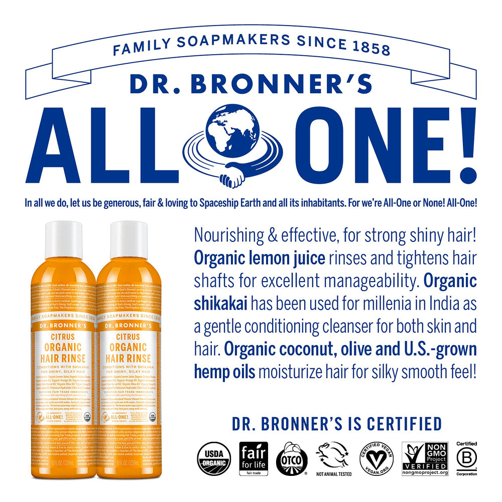 Dr. Bronner's Organic Hair Rinse oils mix emphasizing moisture from coconut, olive, and hemp.
