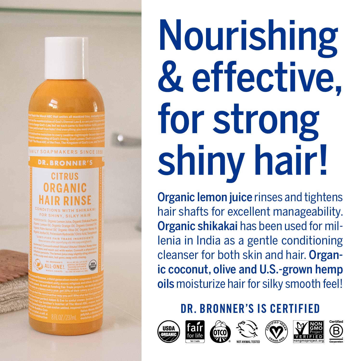 Dr. Bronner's Organic Hair Rinse lemon juice highlighting citrus freshness and scalp refreshment.