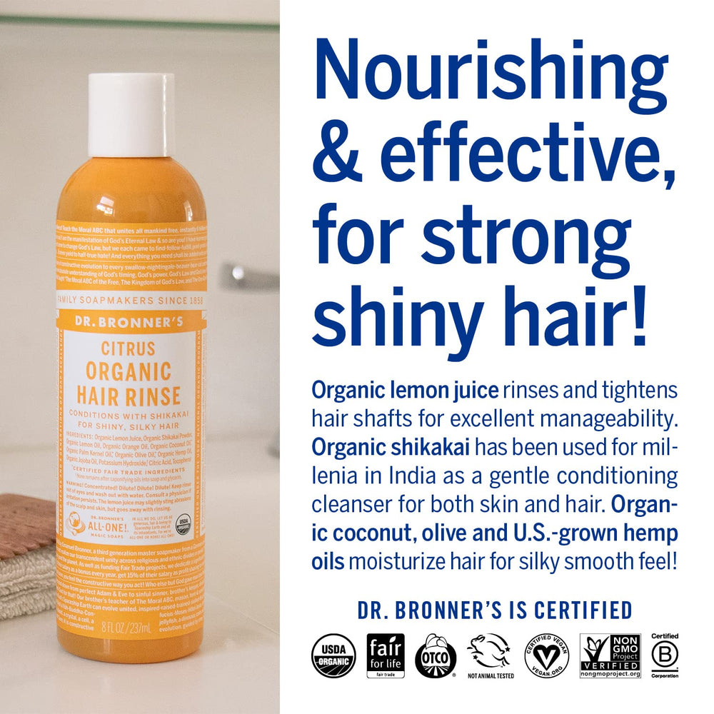 Dr. Bronner's Organic Hair Rinse lemon juice highlighting citrus freshness and scalp refreshment.