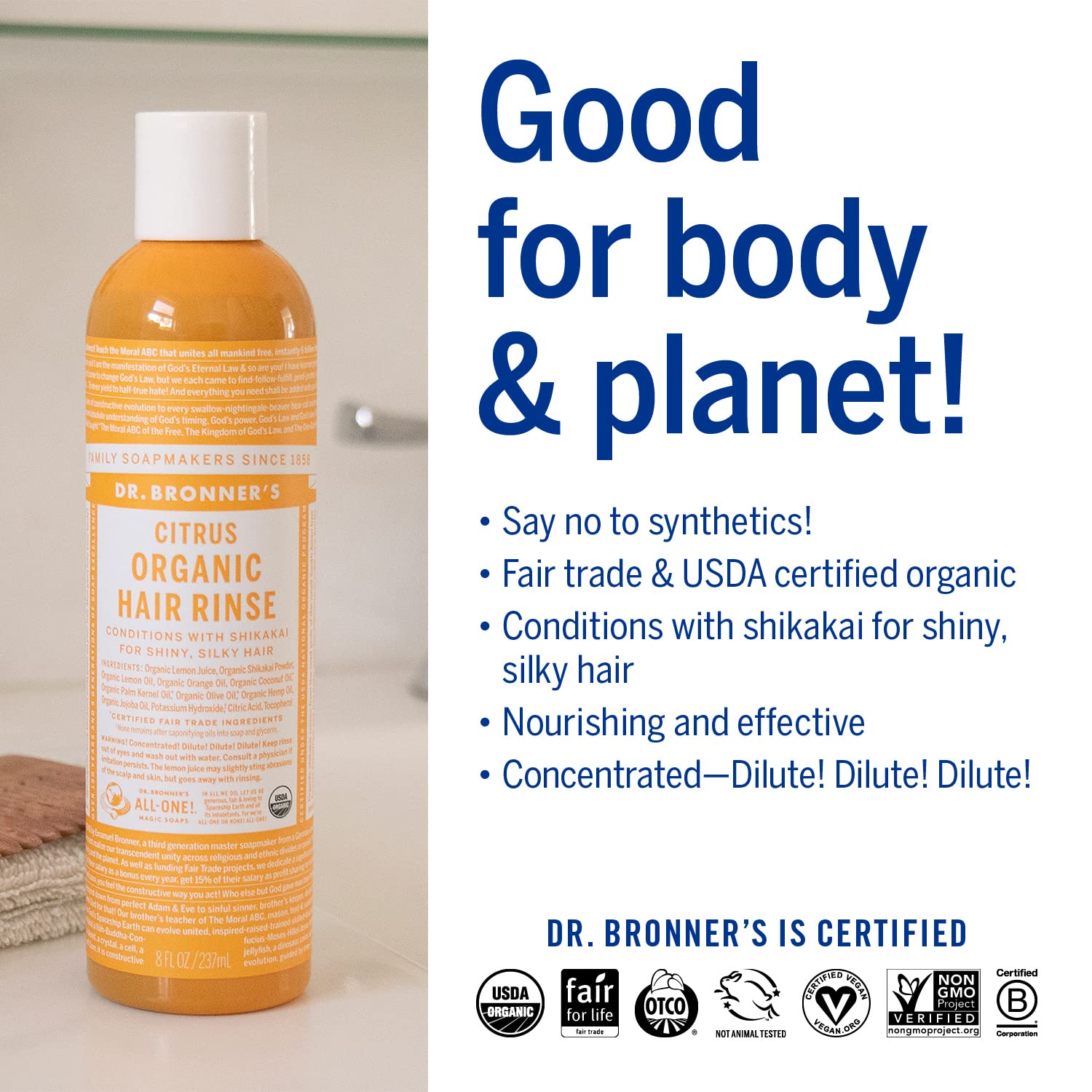 Dr. Bronner's Organic Hair Rinse texture showcasing silky slip without heaviness.