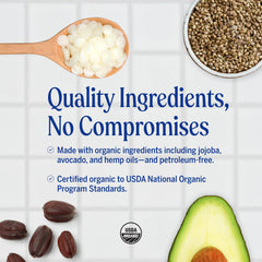 Organic ingredients including beeswax and avocado support hydration.