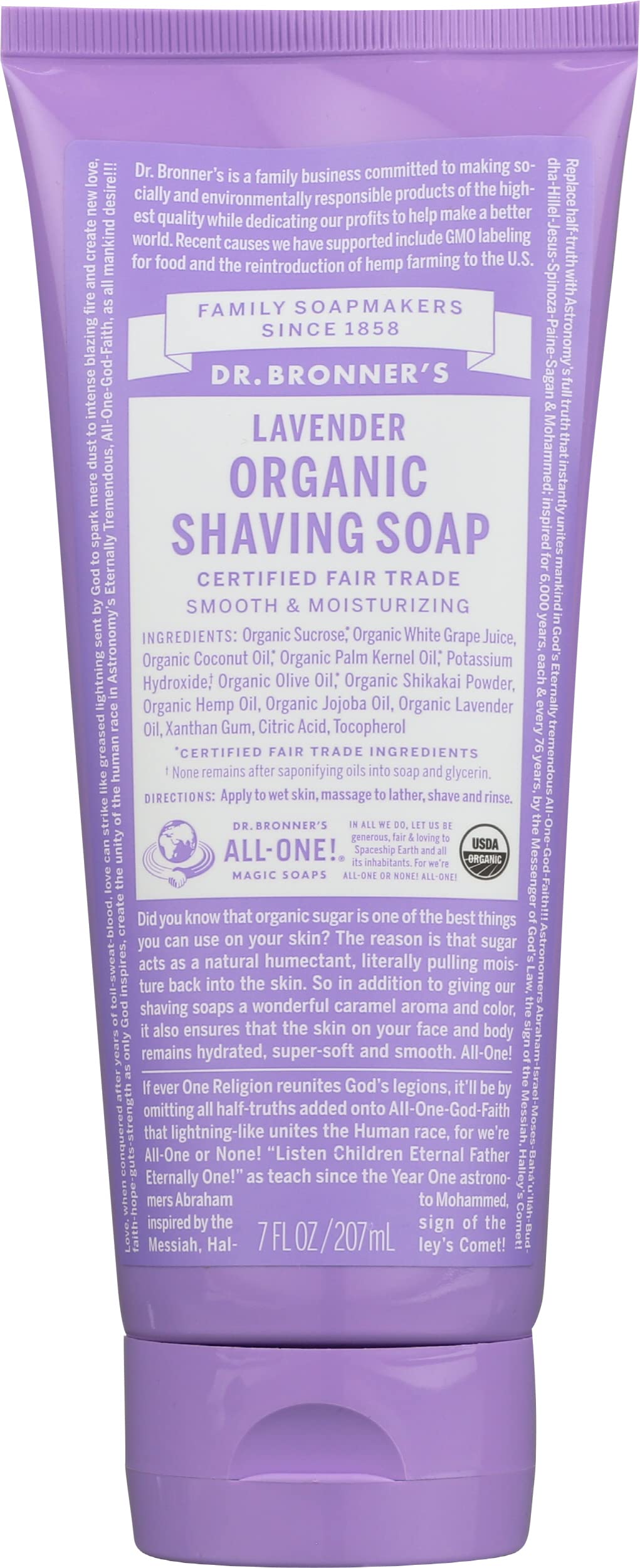 Dr. Bronner's Organic Lavender Shaving Soap bottle with creamy lather for a smooth shave