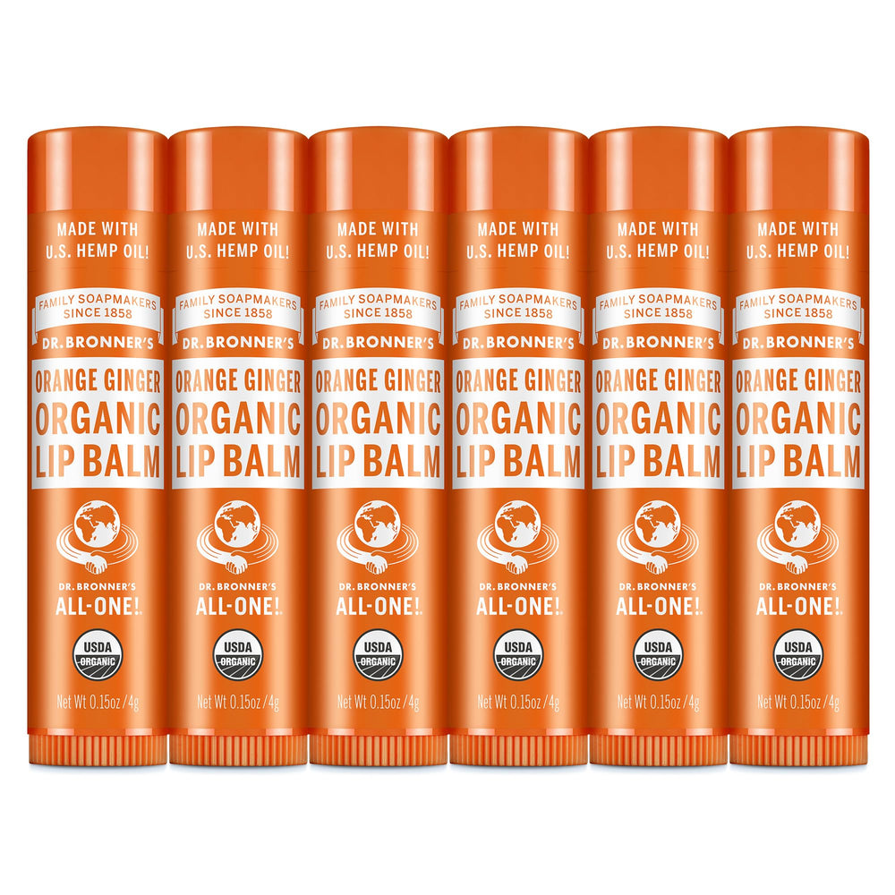 Dr. Bronner's organic lip balm orange ginger pack for long-lasting moisture.