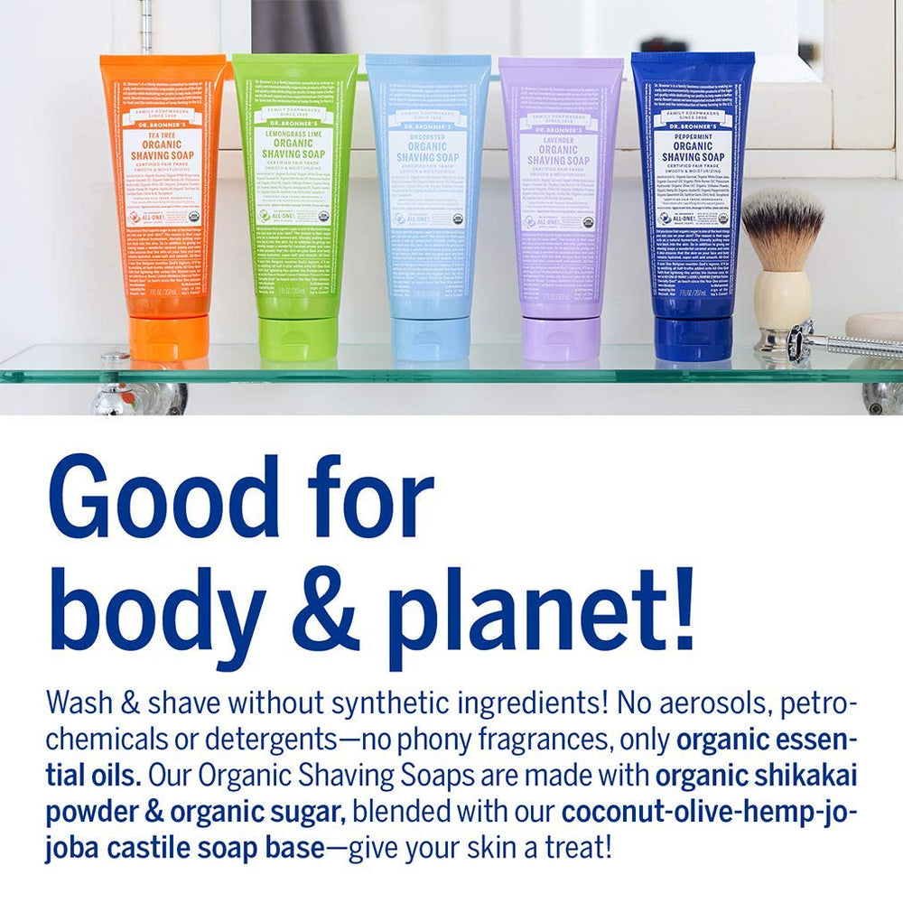 Eco-friendly packaging of Dr. Bronner's shaving soap supports sustainable sourcing