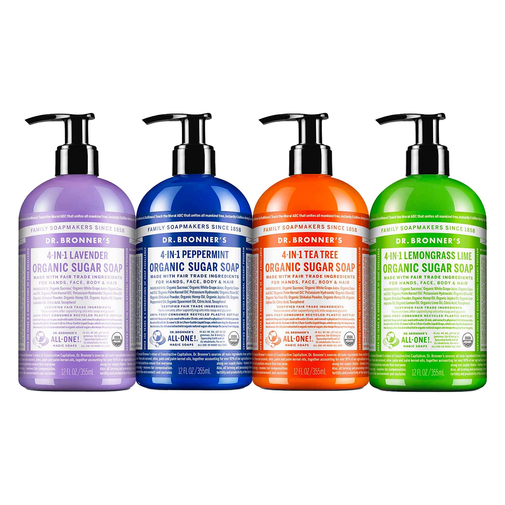 Dr. Bronner's Lavender Organic Sugar Soap bottle, soothing aroma and versatile cleansing for hands and body.