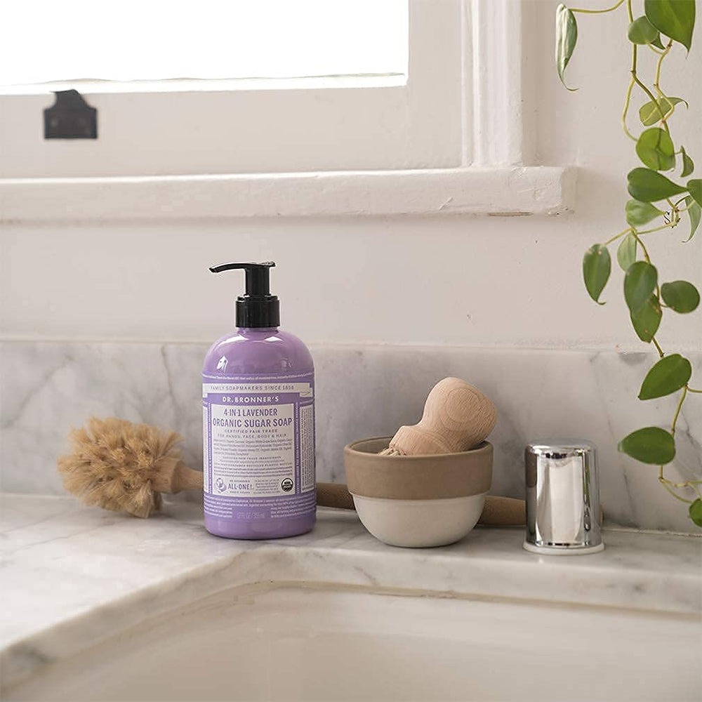 Dr. Bronner's Lemongrass Organic Sugar Soap bottle with fresh scent and gentle lather.