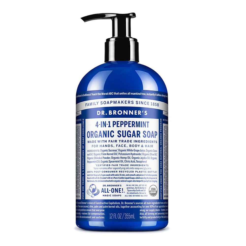 Dr. Bronner's Peppermint Organic Sugar Soap bottle provides a rich lather for hands and body