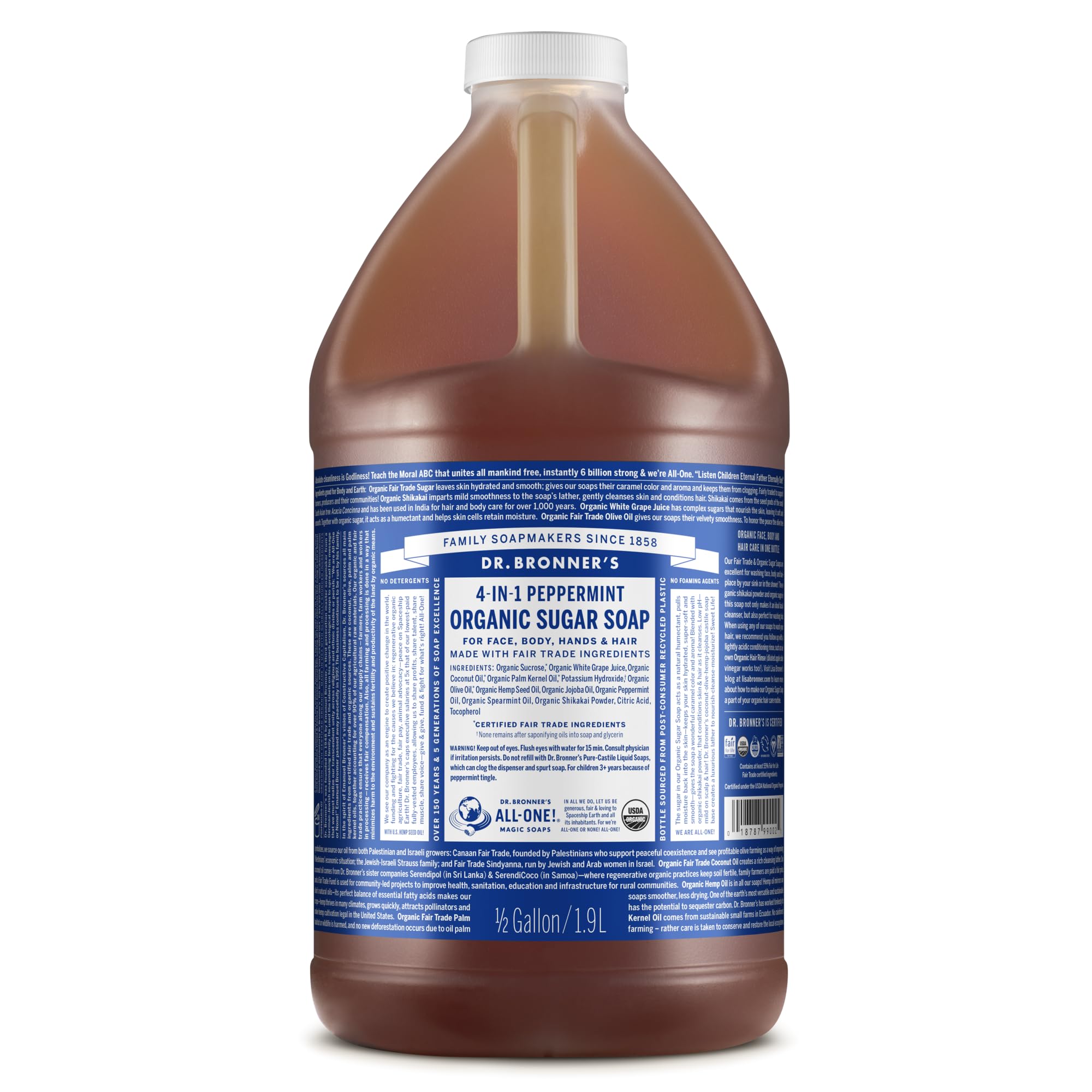 Dr. Bronner’s Peppermint Organic Sugar Soap bottle for versatile cleansing.