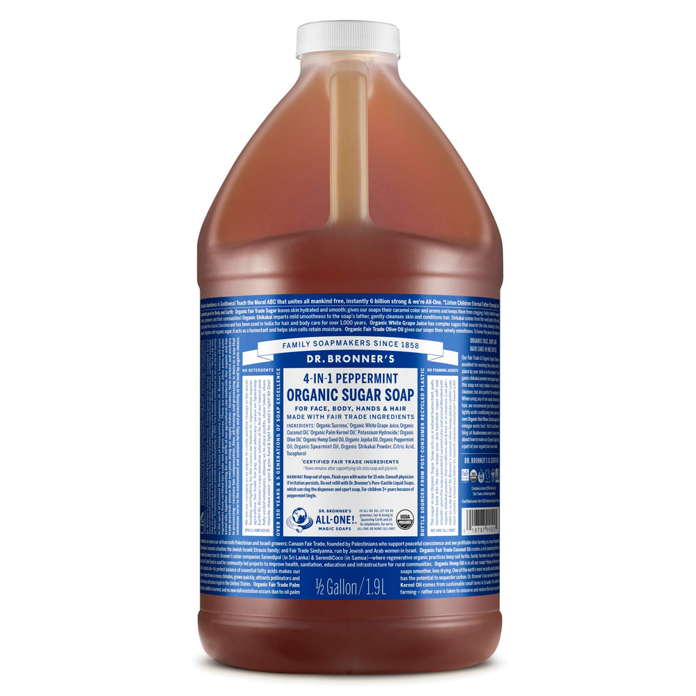Dr. Bronner’s Peppermint Organic Sugar Soap bottle for versatile cleansing.