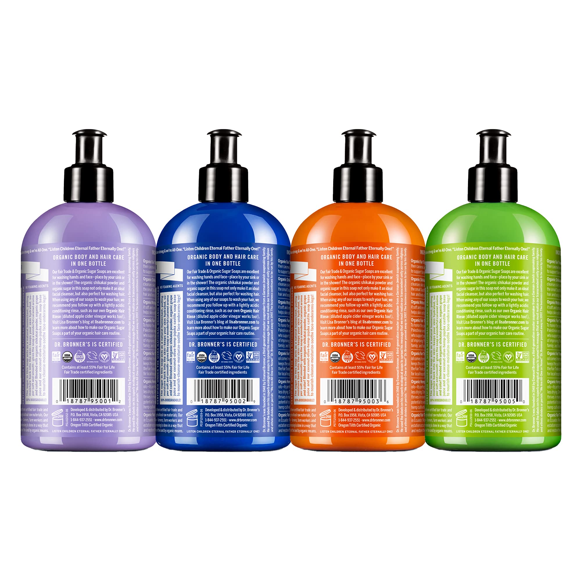 Dr. Bronner's Tea Tree Organic Sugar Soap bottle with invigorating aroma and mild cleansing.