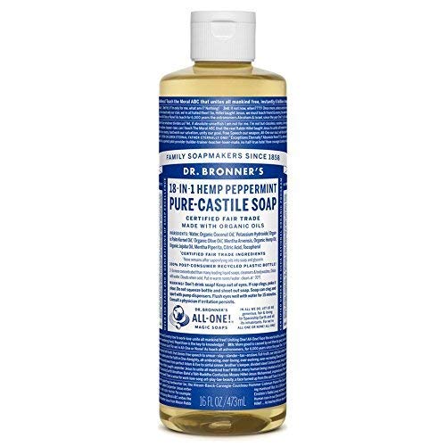 Dr. Bronner's Peppermint Castile Soap bottle for versatile cleaning with refreshing mint aroma.