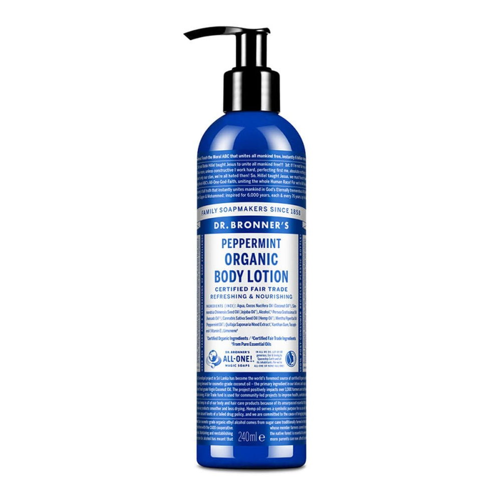 Dr Bronner's Peppermint lotion bottle delivering refreshing hydration for hands and skin.
