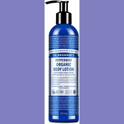 Dr Bronner's Peppermint lotion packaging emphasizes recycled bottle and vegan formula.