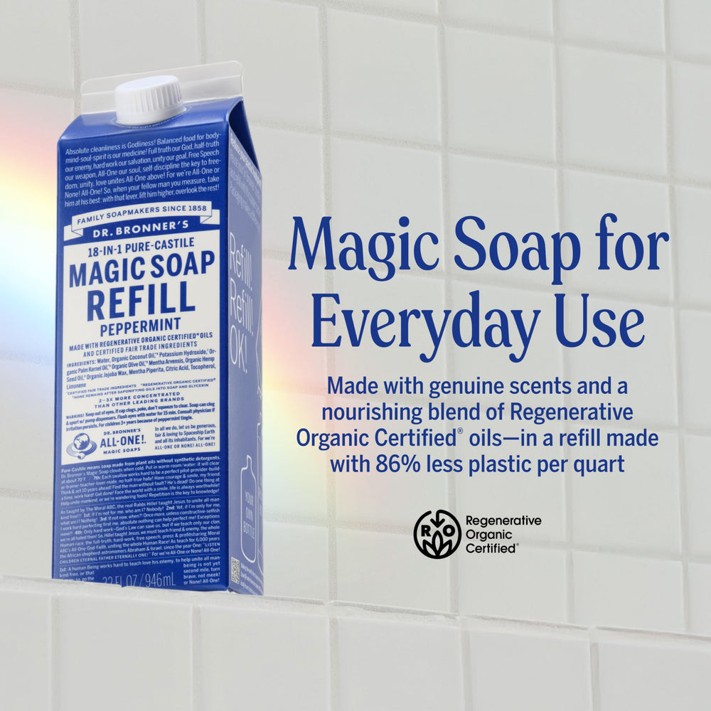 Dr. Bronner's Peppermint Pure-Castile pour highlights refreshing cleansing for skin and surfaces.