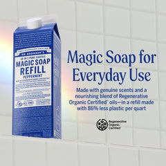 Dr. Bronner's Peppermint Pure-Castile pour highlights refreshing cleansing for skin and surfaces.