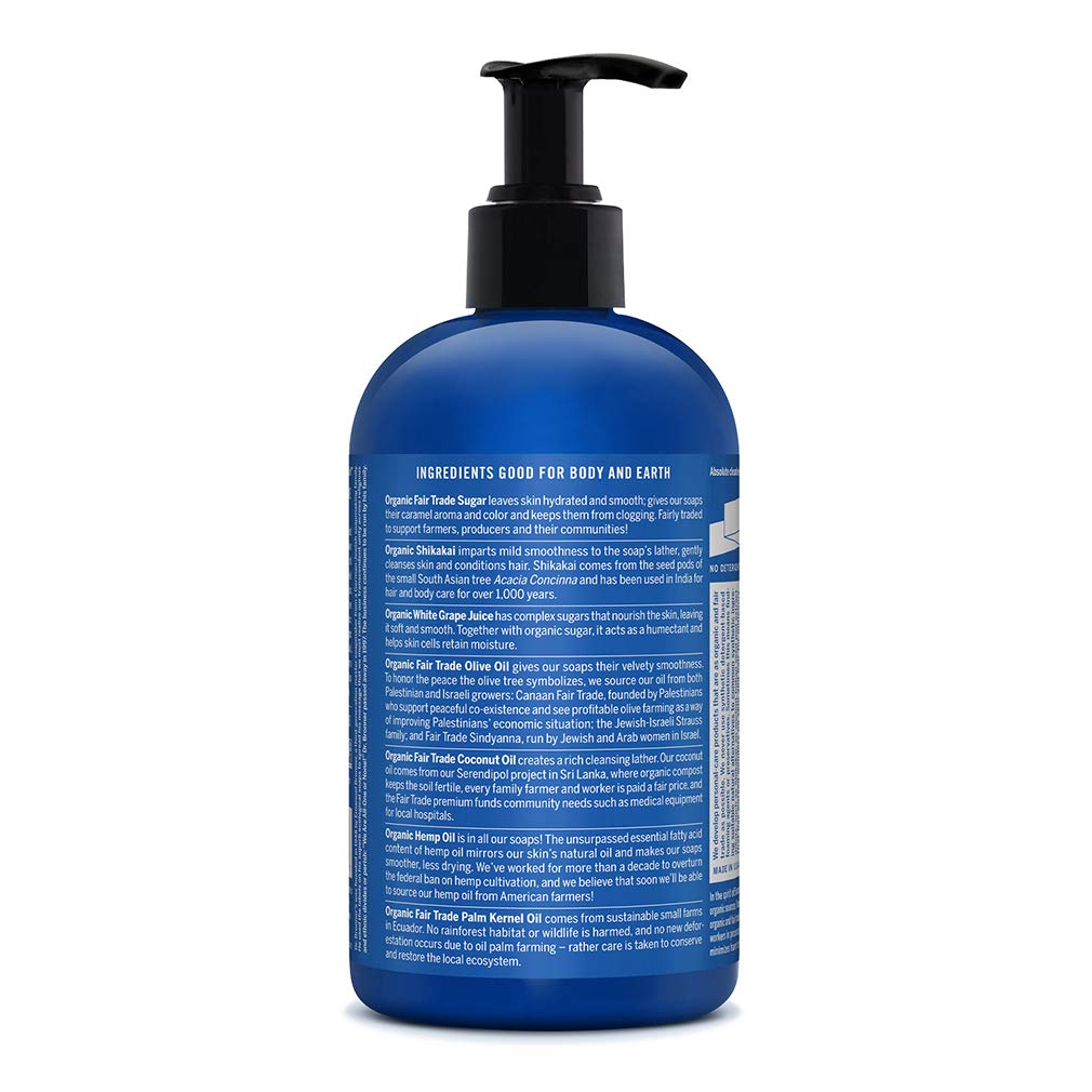 Dr. Bronner's Peppermint soap foaming lather purifies face and body with minty aroma