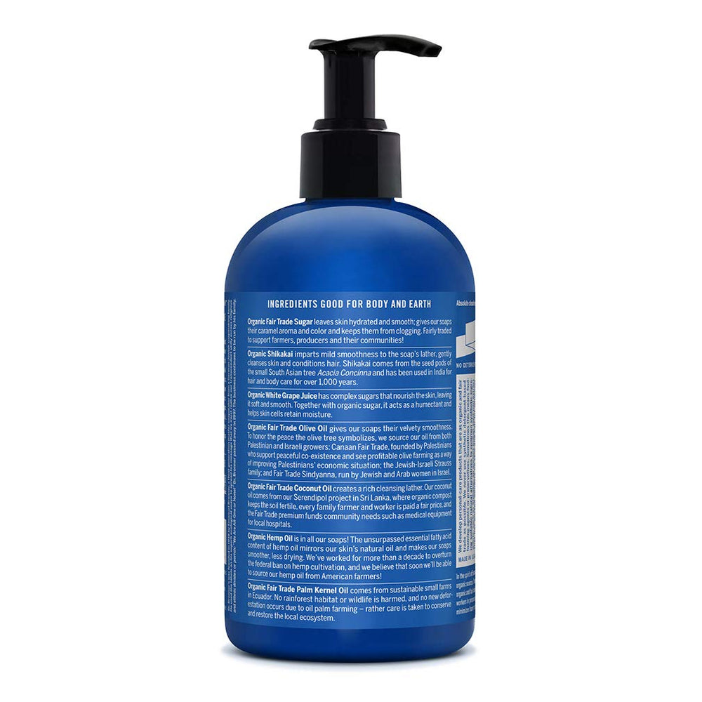 Dr. Bronner's Peppermint soap foaming lather purifies face and body with minty aroma