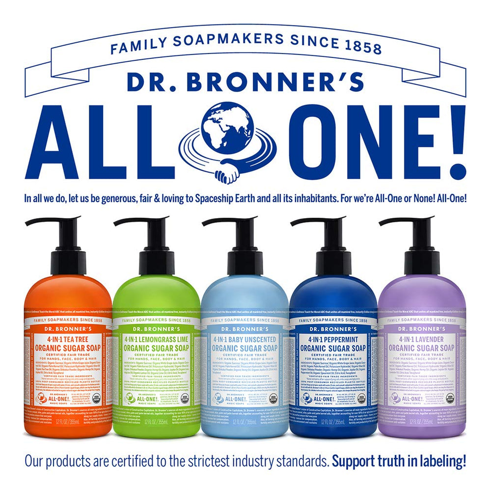 Dr. Bronner's bottle made from post-consumer recycled plastic reduces waste
