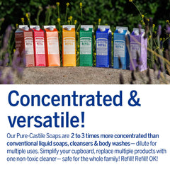 Pouring Dr. Bronner's Lavender Pure-Castile soap for body and surfaces.