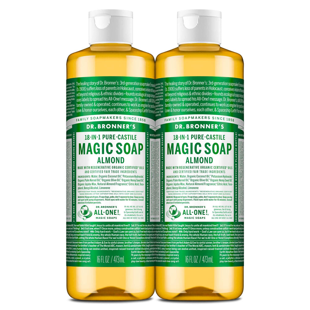 Dr. Bronner's almond pure-castile soap bottle for versatile cleansing on skin and surfaces.