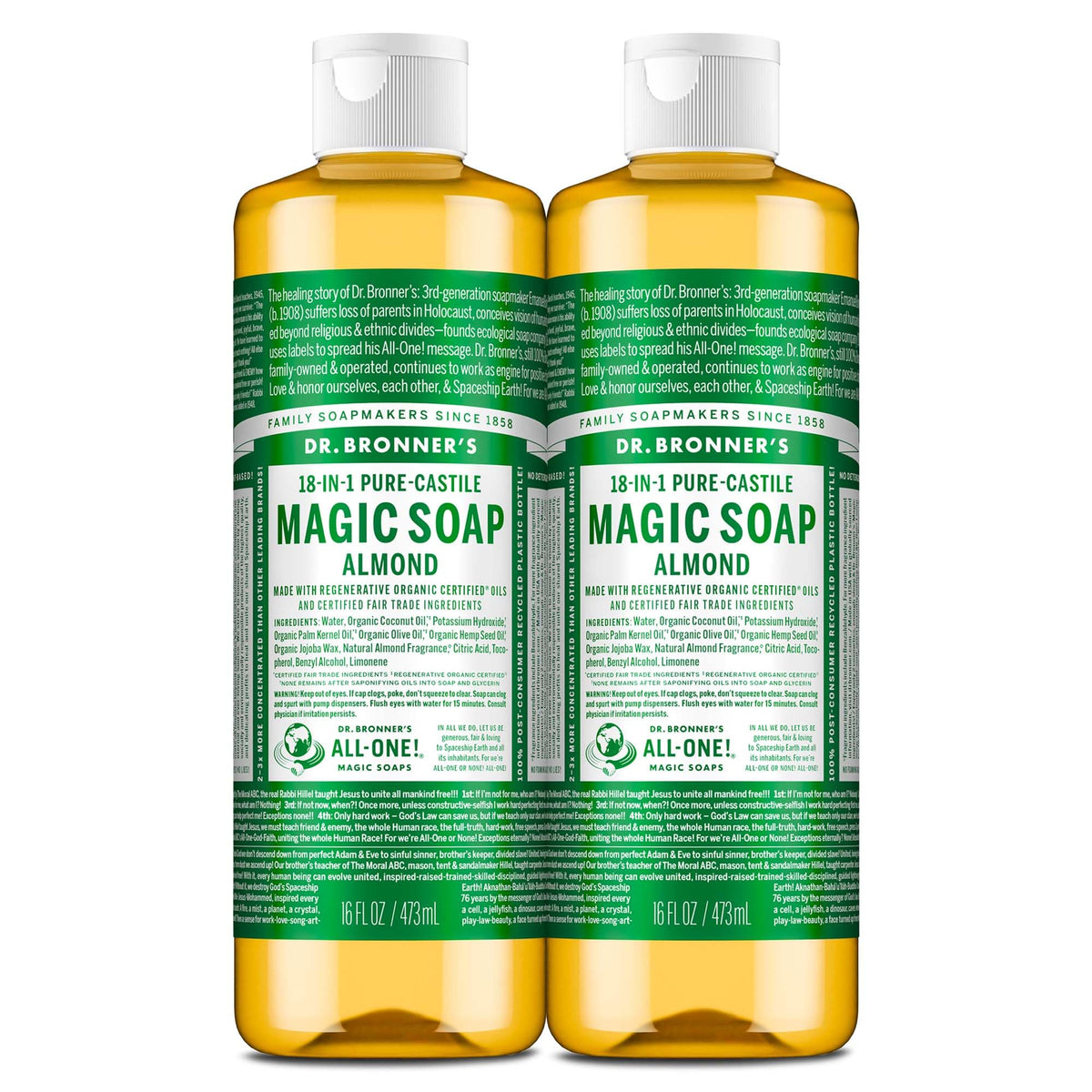 Dr. Bronner's almond pure-castile soap bottle for versatile cleansing on skin and surfaces.